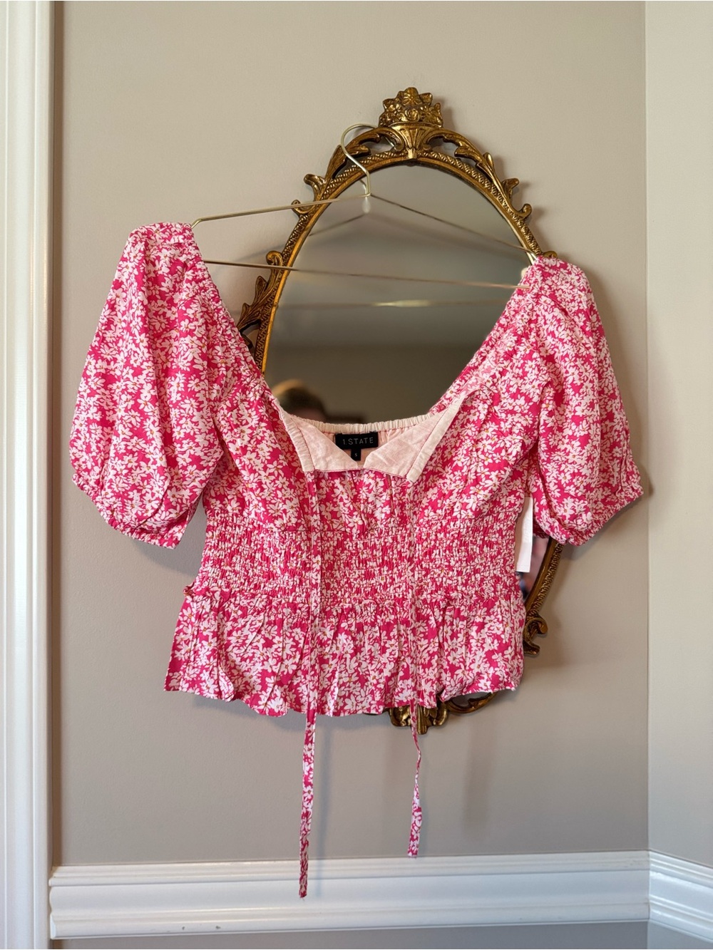 1.State Smocked Pink Floral Crop Top